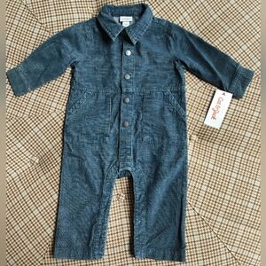 NWT Cat & Jack Blue Corduroy Long Sleeve Coveralls Romper | Metal Snaps | 6-9 Mo